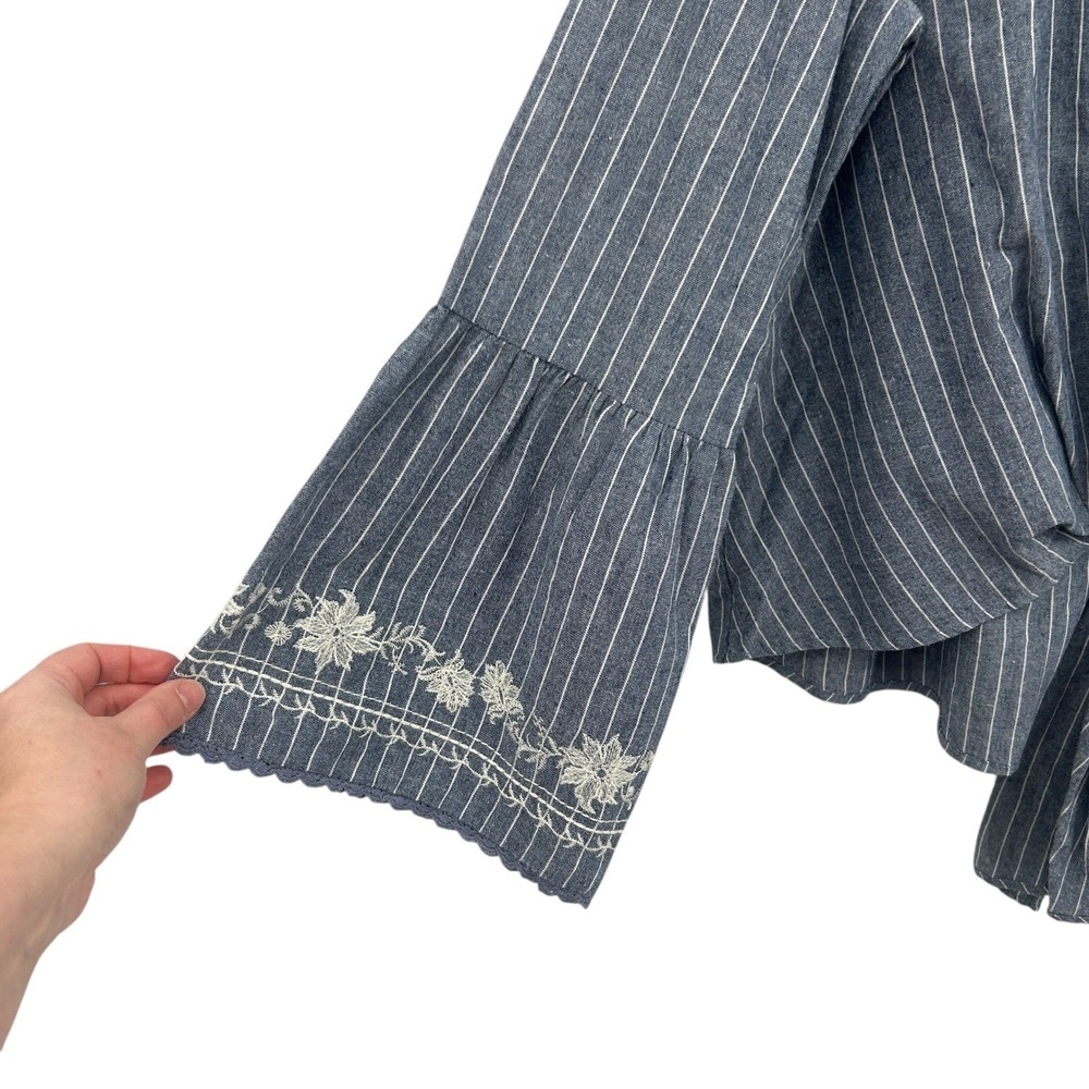 Embroidered Linen Blend Blouse M Blue Pinstripe Tie Front Boho Earthy Artsy - Picture 2 of 9